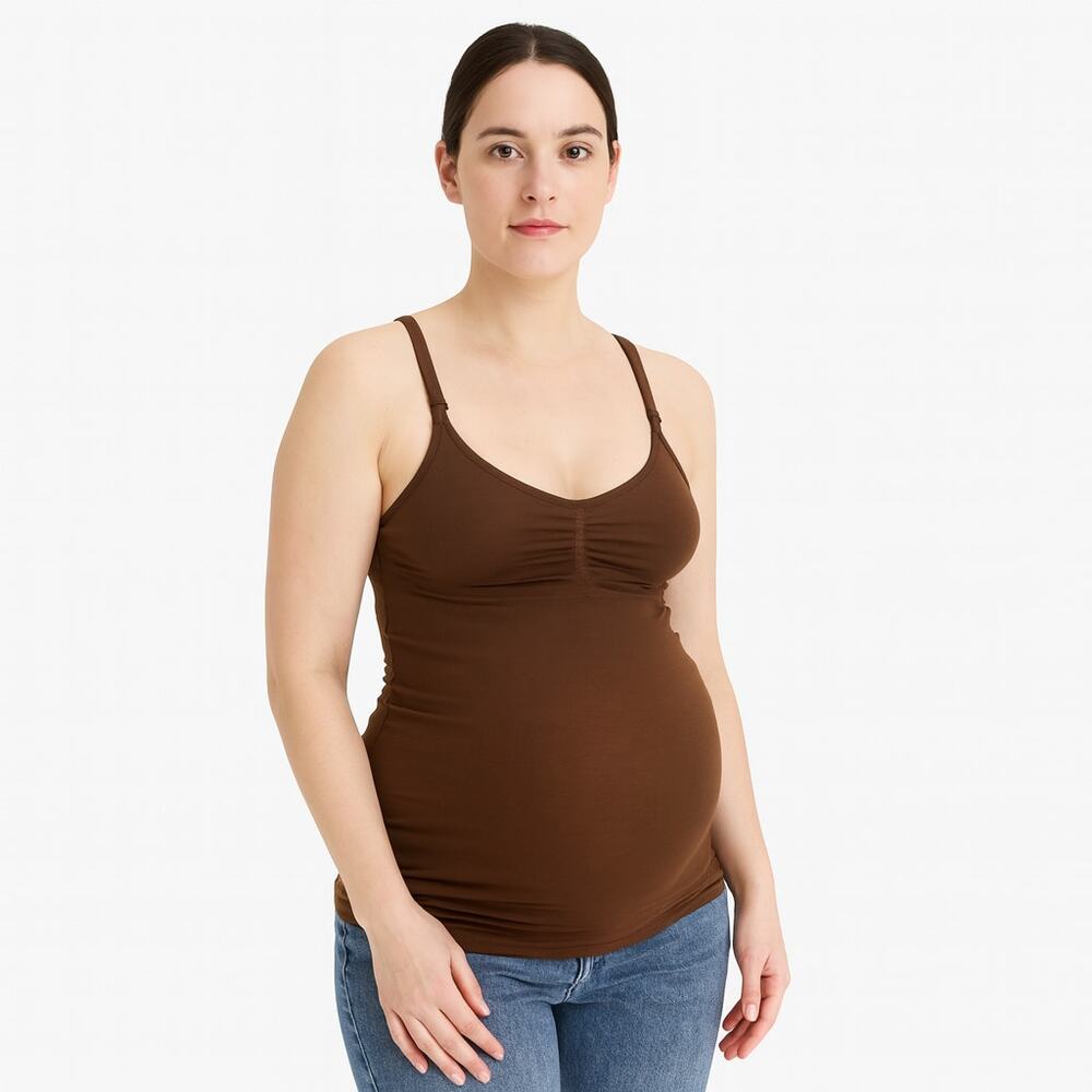 A Glow Maternity Seamless Nursing Cami XS Brown Stretch Tank Top Built-In Bra